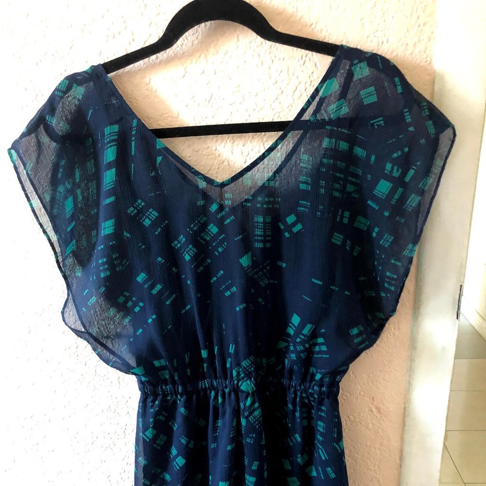 EXPRESS Sz Sm Dress Navy Blue Green Chiffon V Neck